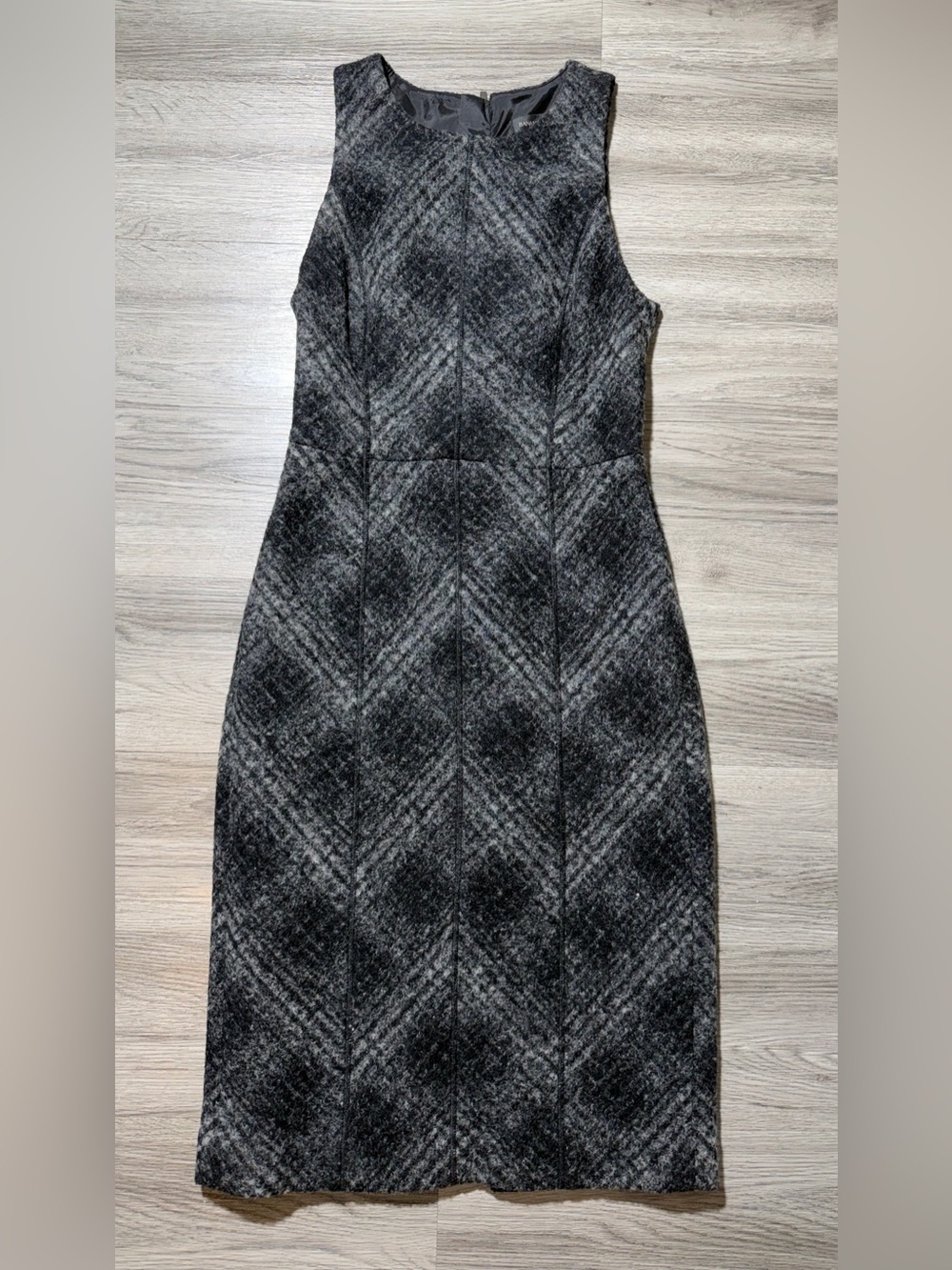 Banana Republic Petite 00 Gray Plaid Wool Blend Sheath Dress Sleeveless Midi